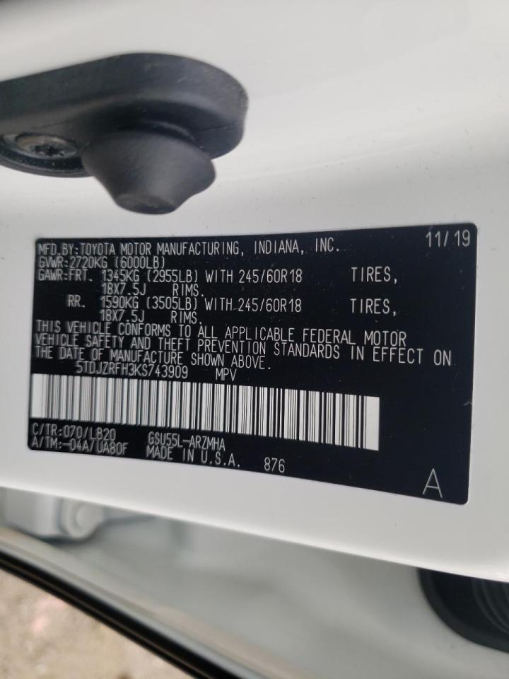 Photo 10 from auction – 2019 TOYOTA HIGHLANDER with VIN 5TDJZRFH3KS743909