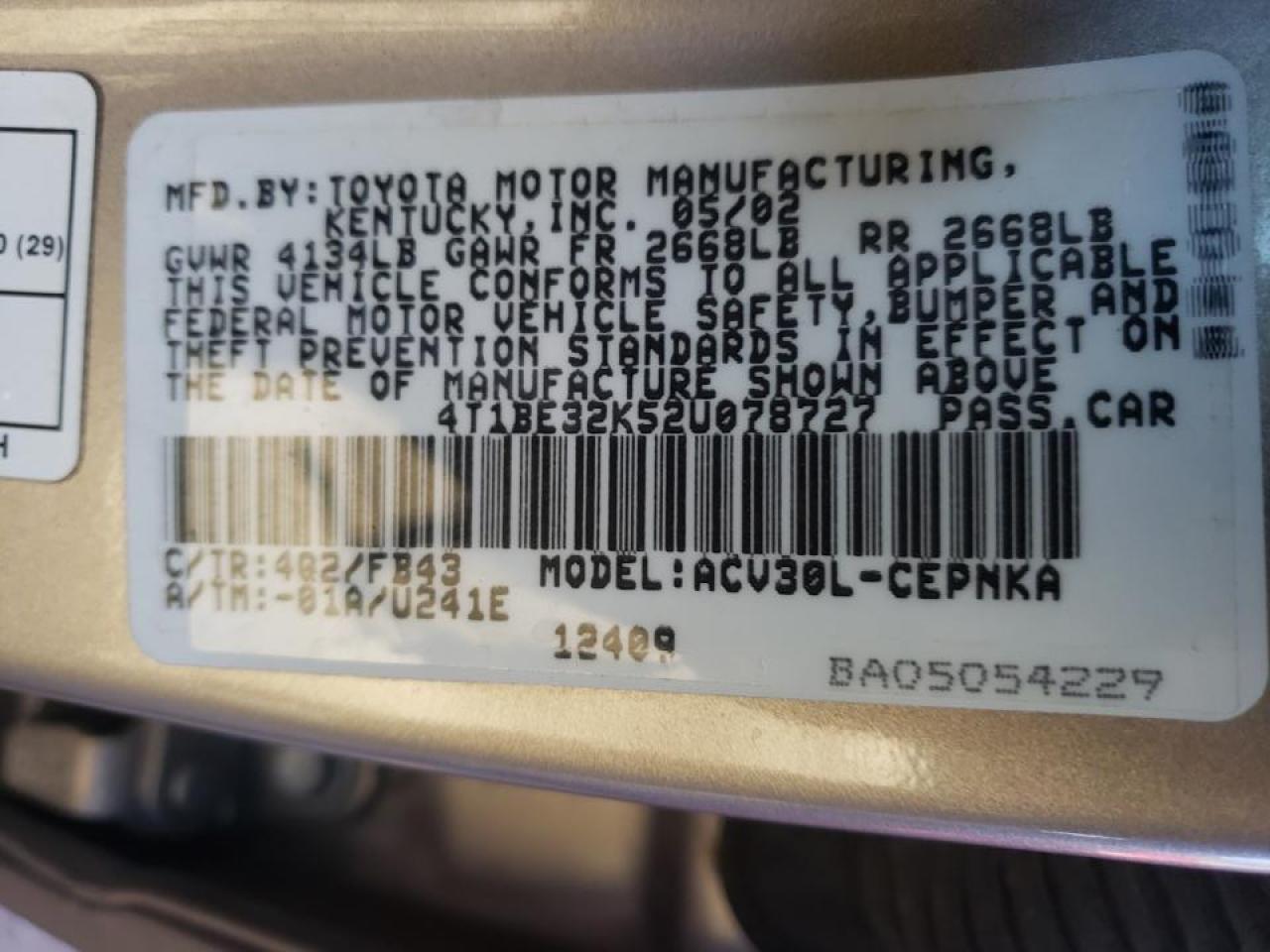 Photo 10 from auction – 2002 TOYOTA CAMRY LE with VIN 4T1BE32K52U078727