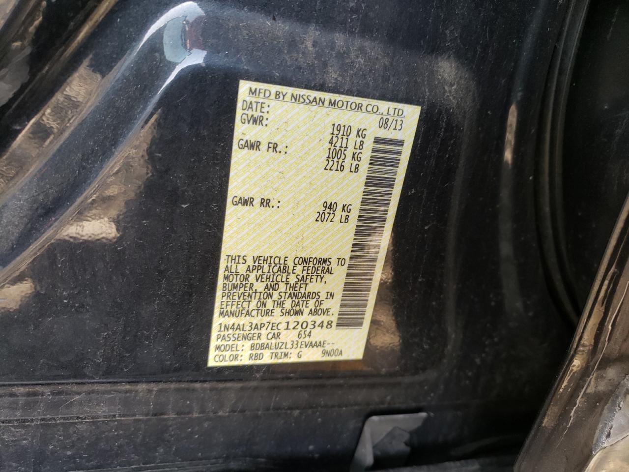 Photo 10 from auction – 2014 NISSAN ALTIMA 2.5 with VIN 1N4AL3AP7EC120348