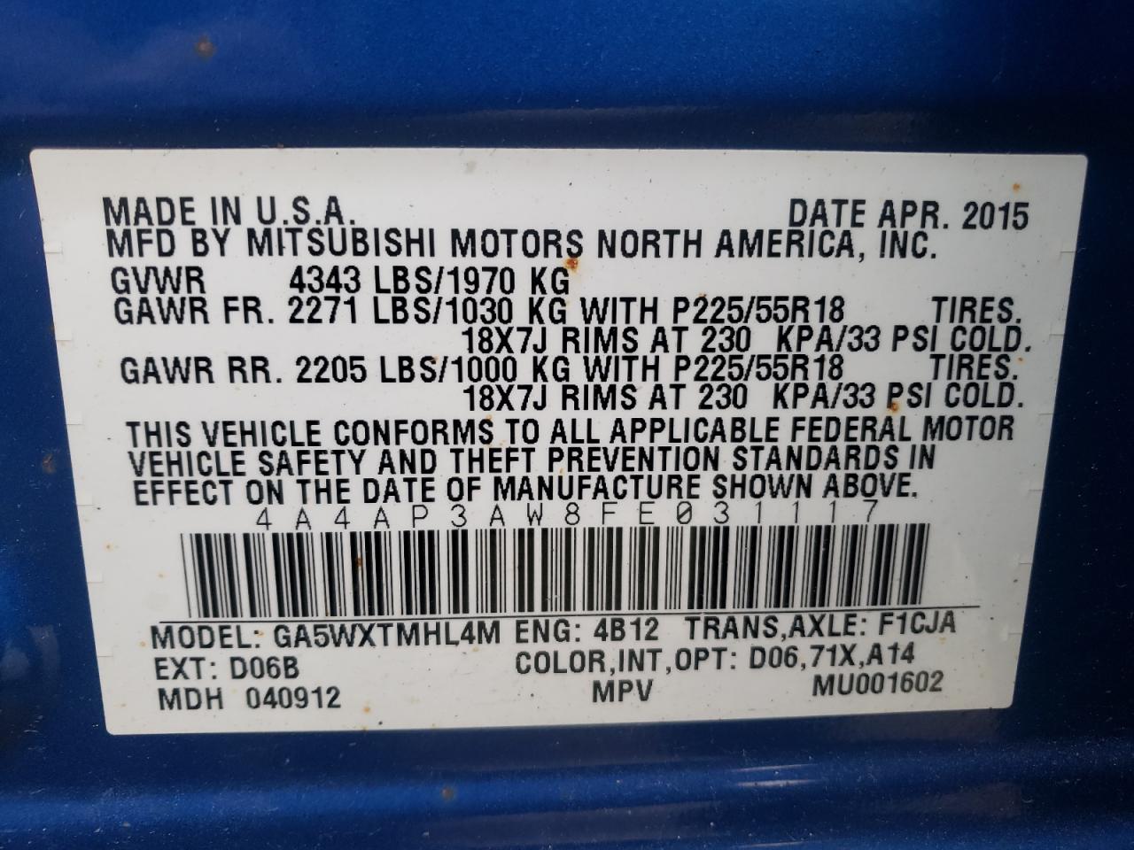 Photo 10 from auction – 2015 MITSUBISHI OUTLANDER with VIN 4A4AP3AW8FE031117