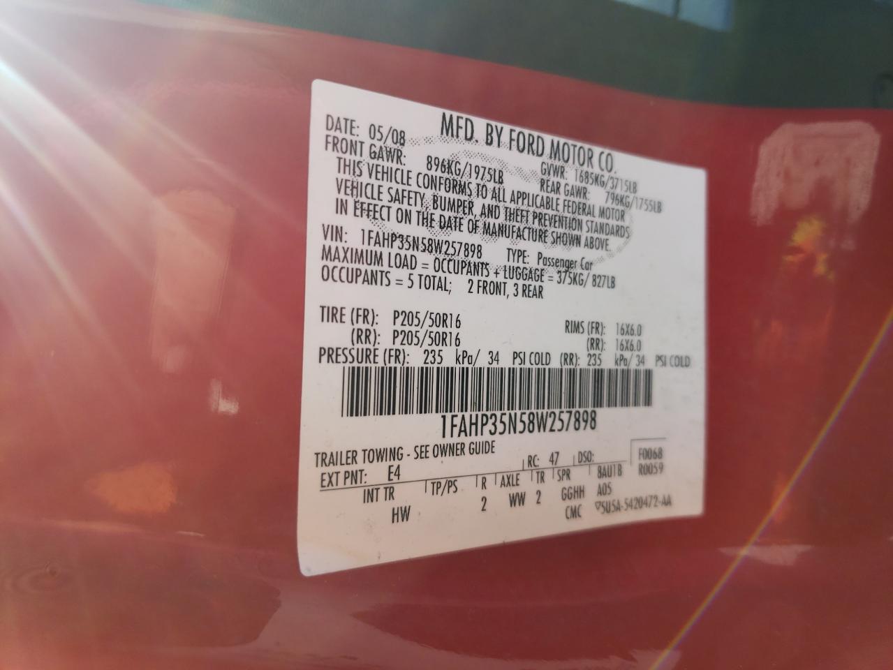 Photo 10 from auction – 2008 FORD FOCUS SE with VIN 1FAHP35N58W257898