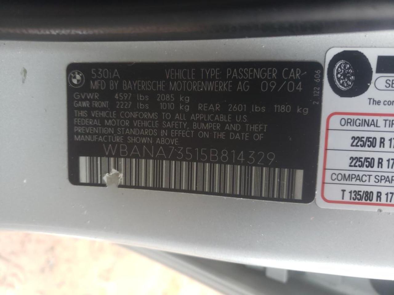 Photo 10 from auction – 2005 BMW 530 I with VIN WBANA73515B814329