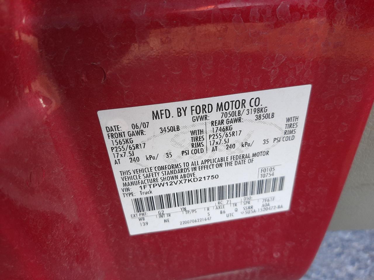 Photo 10 from auction – 2007 FORD F150 SUPER with VIN 1FTPW12VX7KD21750