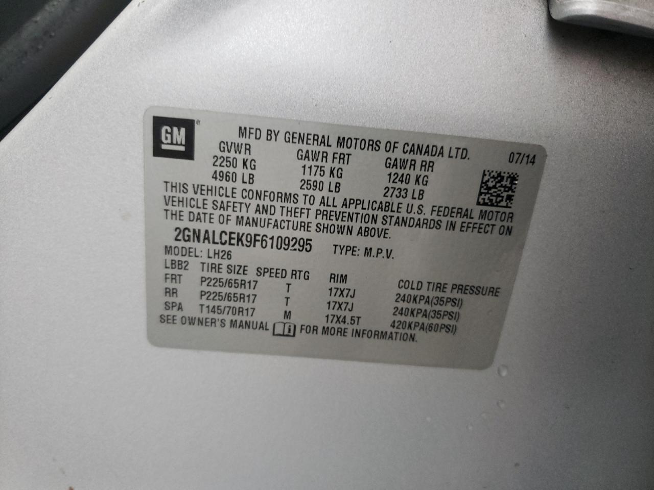 Photo 10 from auction – 2015 CHEVROLET EQUINOX LT with VIN 2GNALCEK9F6109295