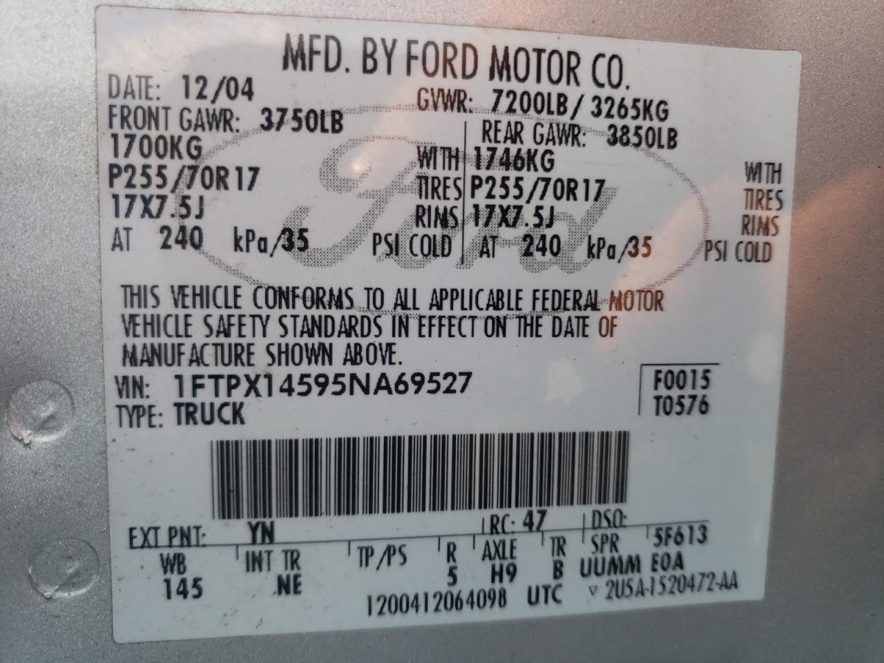 Photo 10 from auction – 2005 FORD F150 with VIN 1FTPX14595NA69527