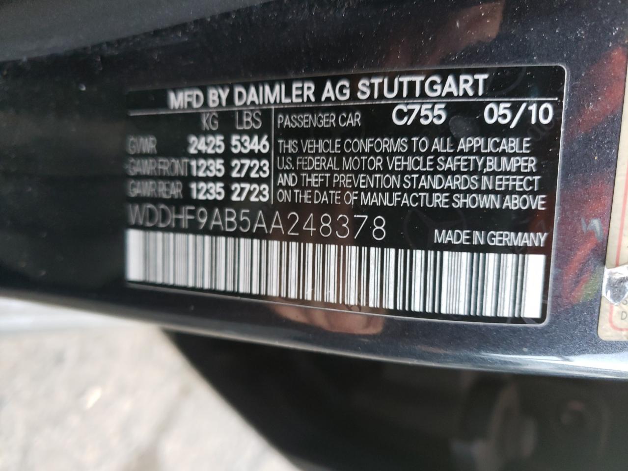 Photo 10 from auction – 2010 MERCEDES-BENZ E 550 4MAT with VIN WDDHF9AB5AA248378