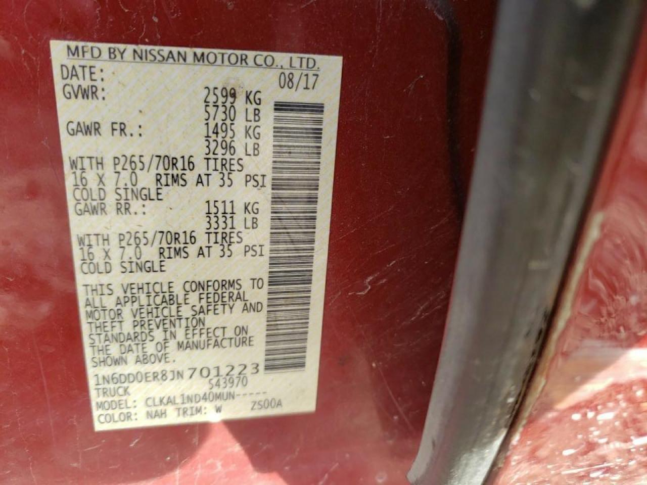 Photo 10 from auction – 2018 NISSAN FRONTIER S with VIN 1N6DD0ER8JN701223
