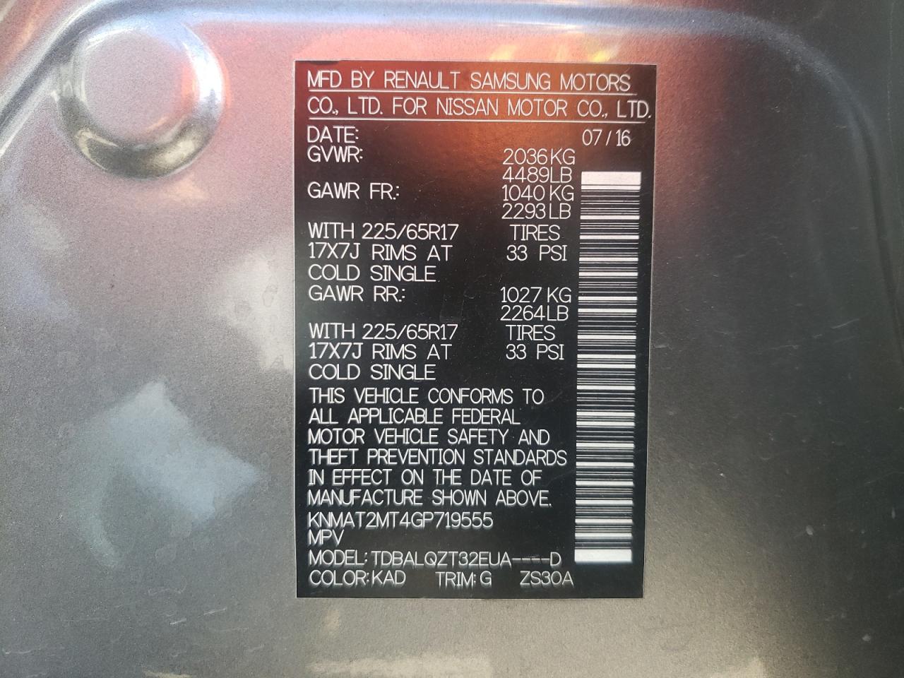 Photo 10 from auction – 2016 NISSAN ROGUE S with VIN KNMAT2MT4GP719555