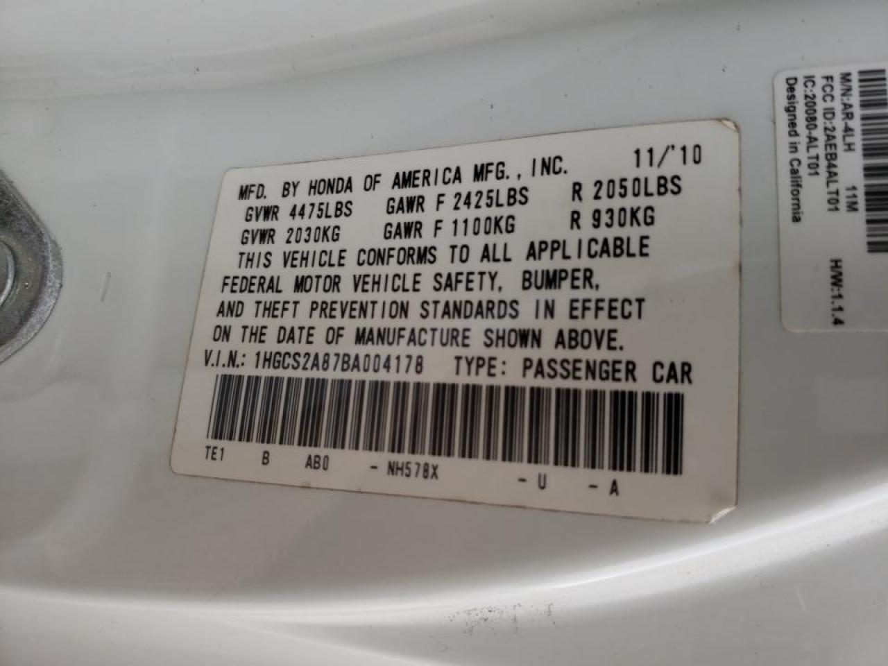 Photo 10 from auction – 2011 HONDA ACCORD EXL with VIN 1HGCS2A87BA004178