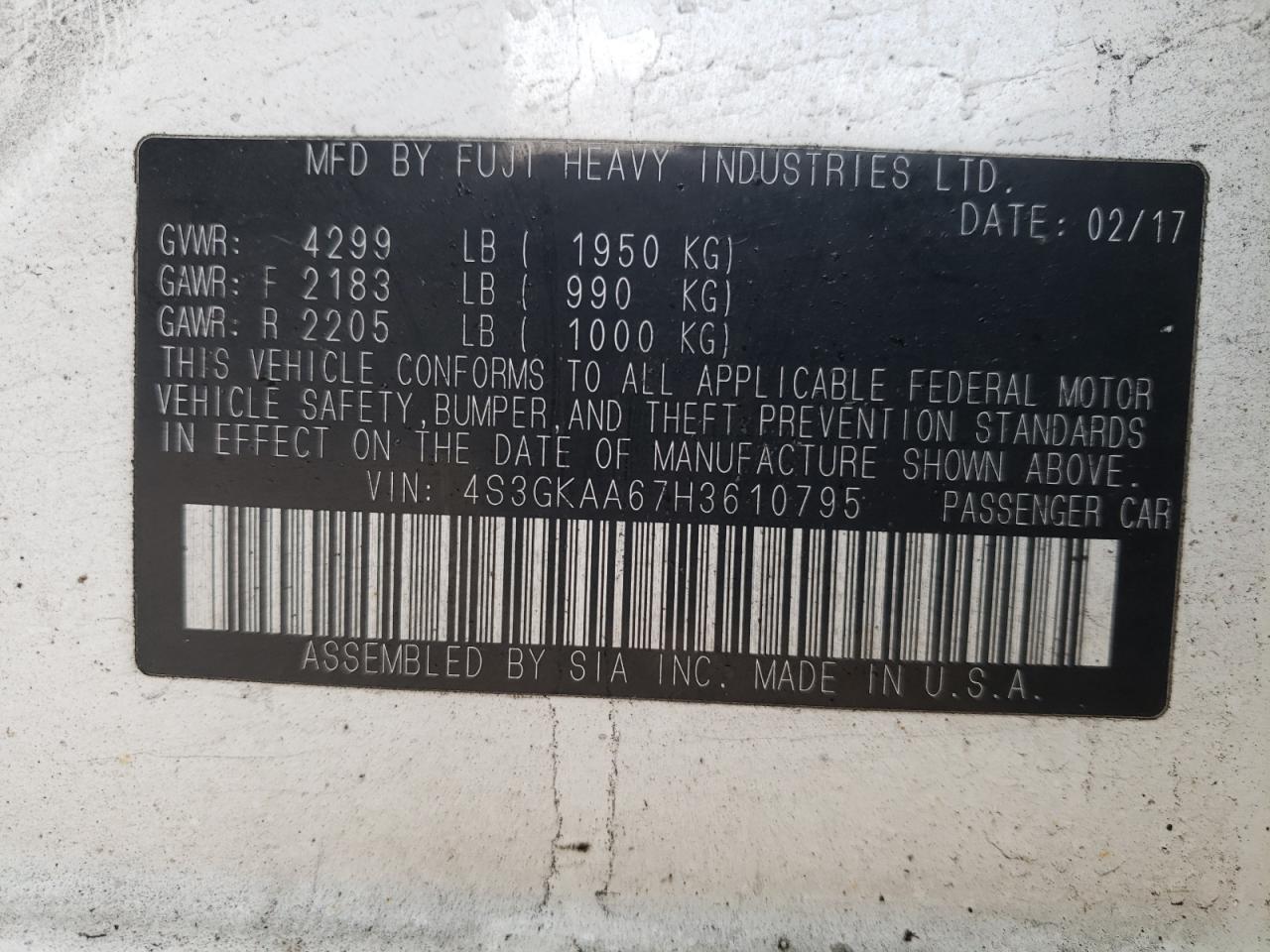 Photo 10 from auction – 2017 SUBARU IMPREZA with VIN 4S3GKAA67H3610795