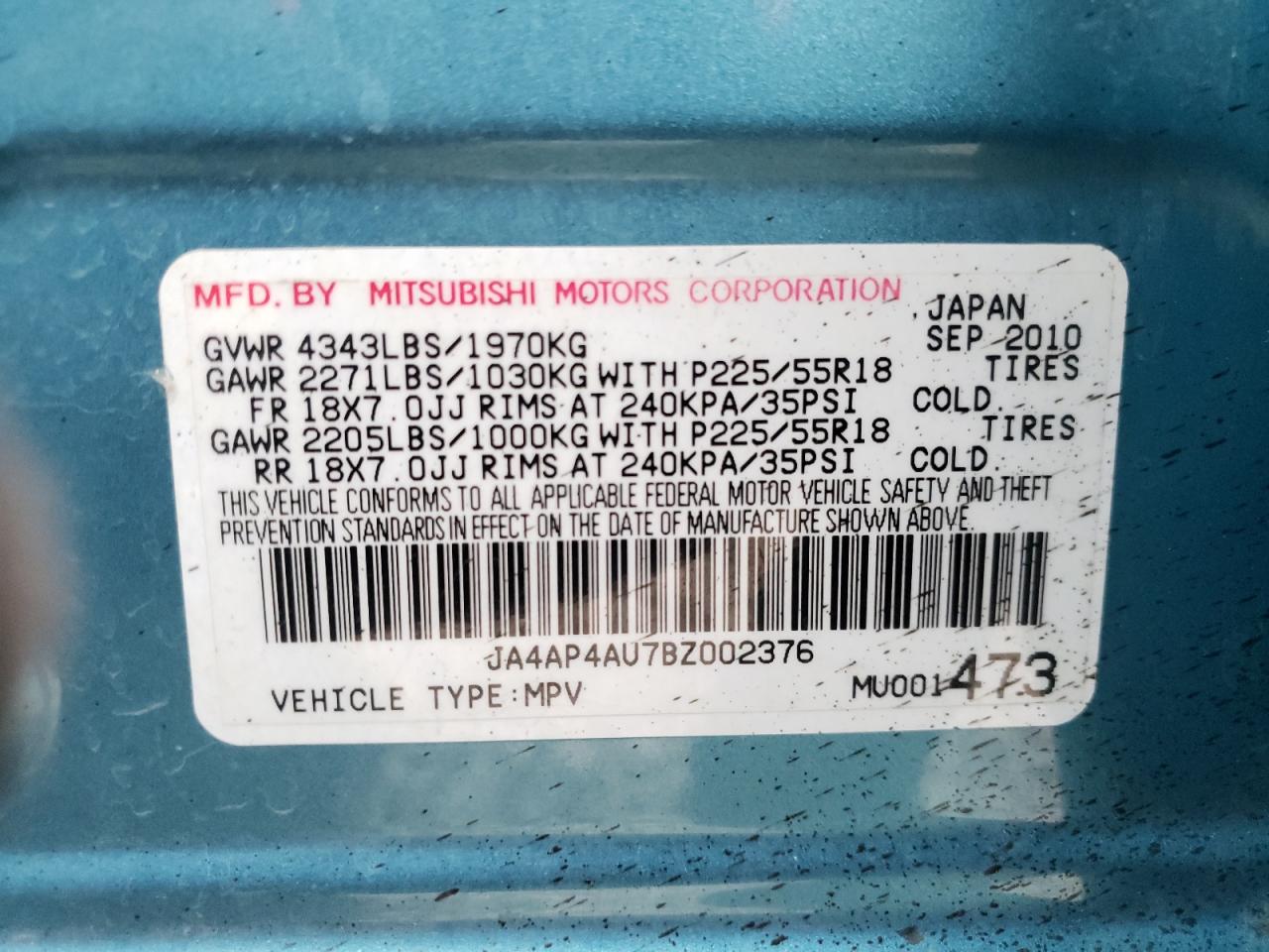 Photo 10 from auction – 2011 MITSUBISHI OUTLANDER with VIN JA4AP4AU7BZ002376