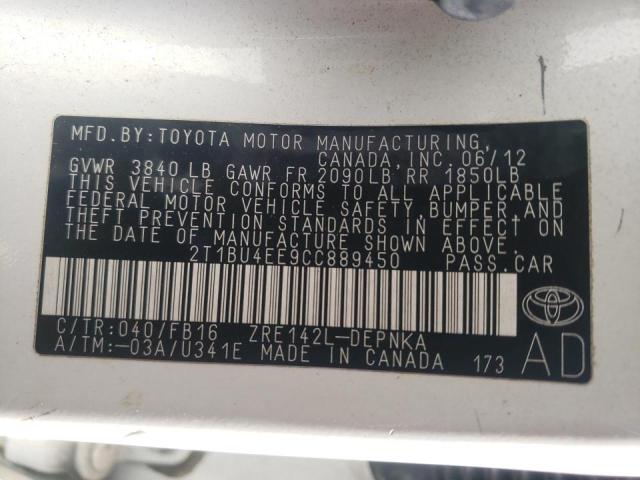 Photo 10 from auction – 2012 TOYOTA COROLLA BA with VIN 2T1BU4EE9CC889450