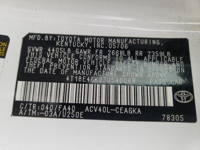 Photo 10 from auction – 2007 TOYOTA CAMRY with VIN 4T1BE46K27U540068