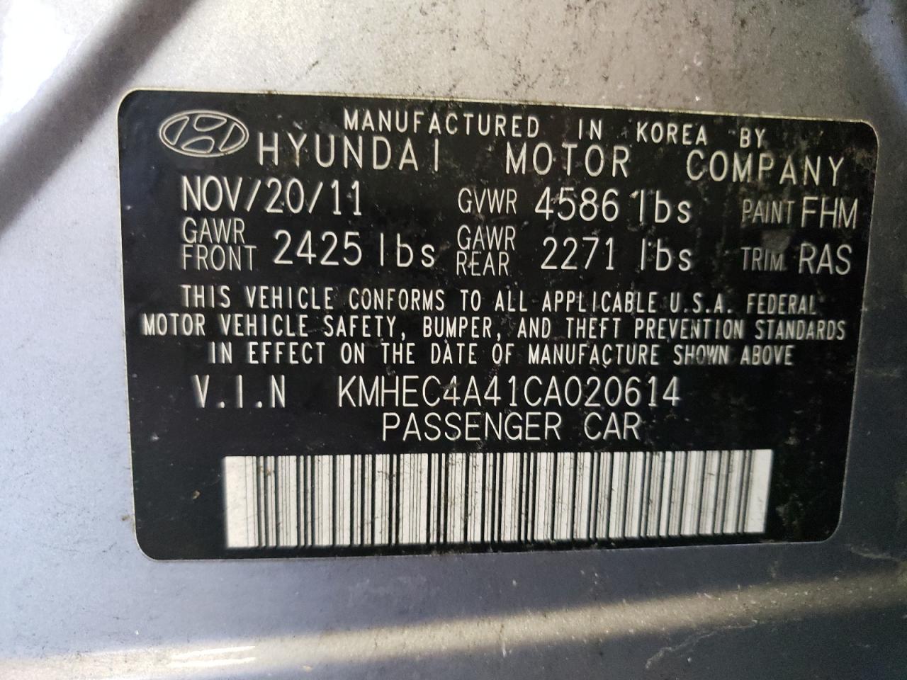 Photo 10 from auction – 2012 HYUNDAI SONATA HYB with VIN KMHEC4A41CA020614