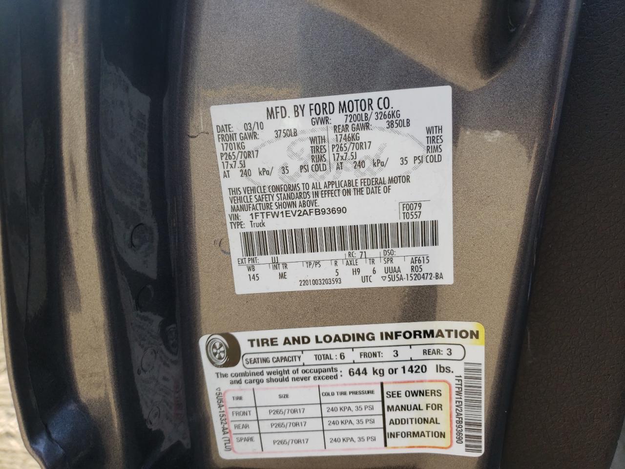 Photo 10 from auction – 2010 FORD F150 SUPER with VIN 1FTFW1EV2AFB93690