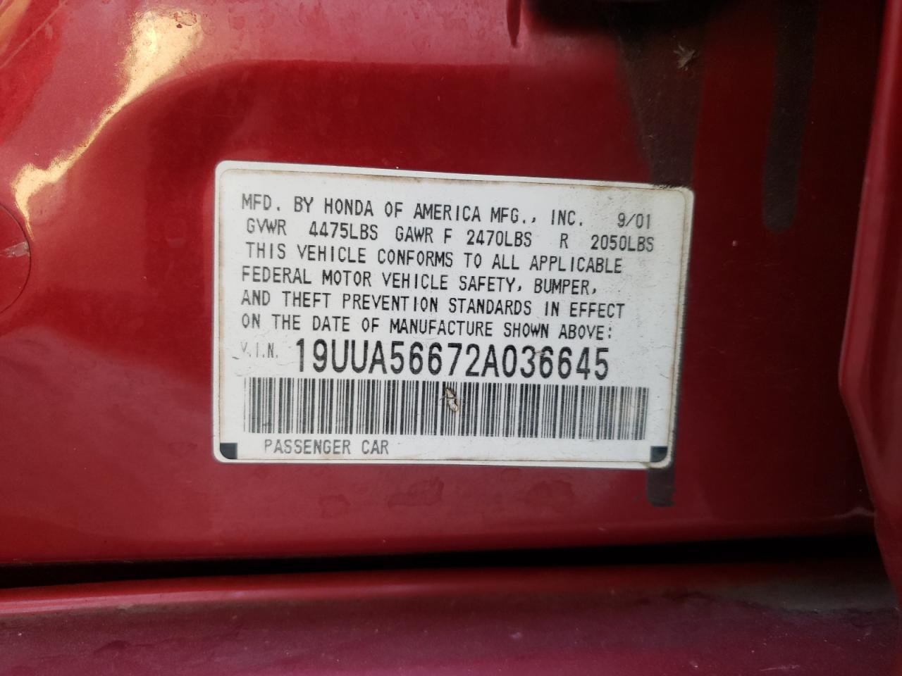 Photo 10 from auction – 2002 ACURA 3.2TL with VIN 19UUA56672A036645