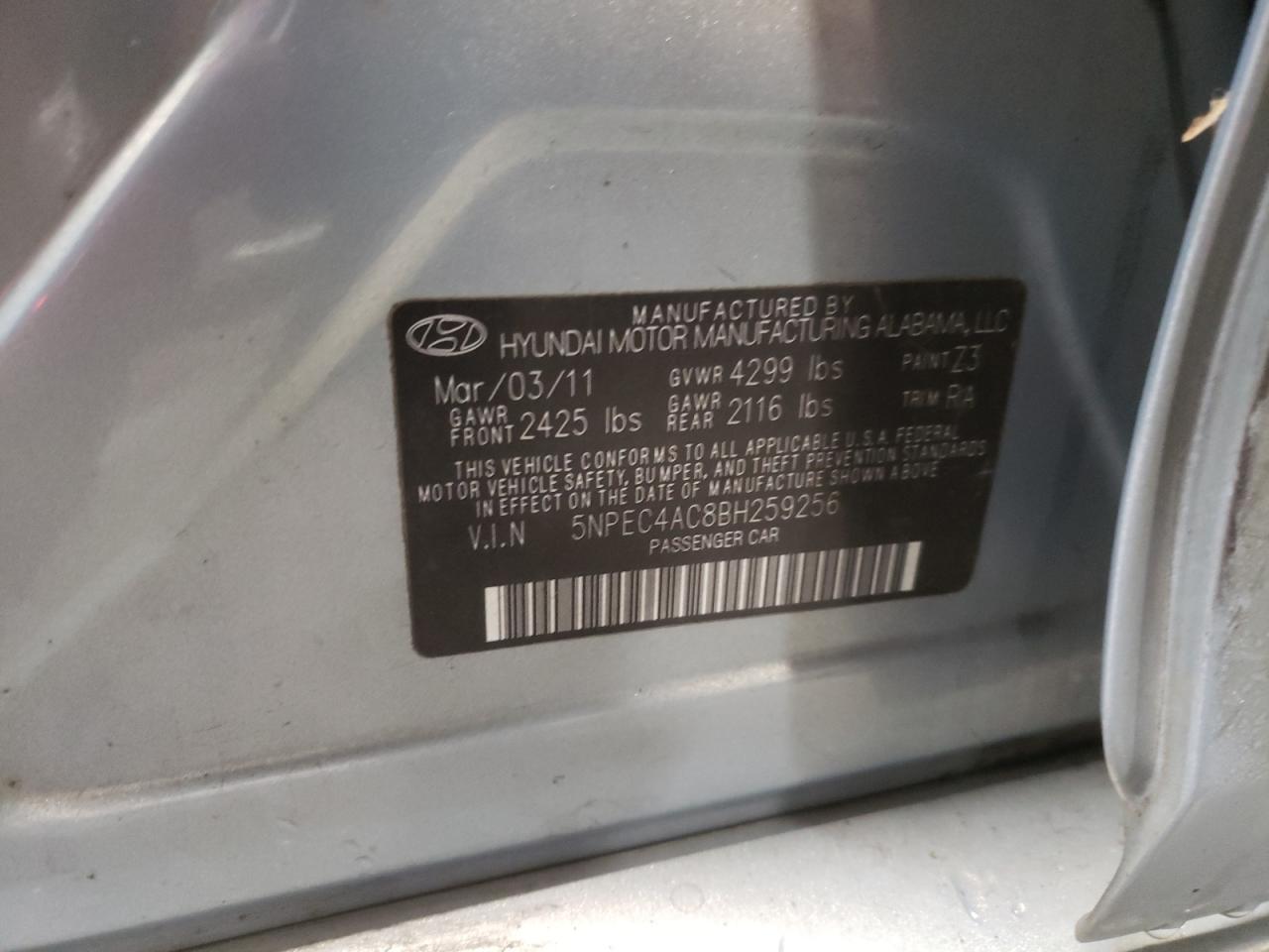 Photo 10 from auction – 2011 HYUNDAI SONATA SE with VIN 5NPEC4AC8BH259256