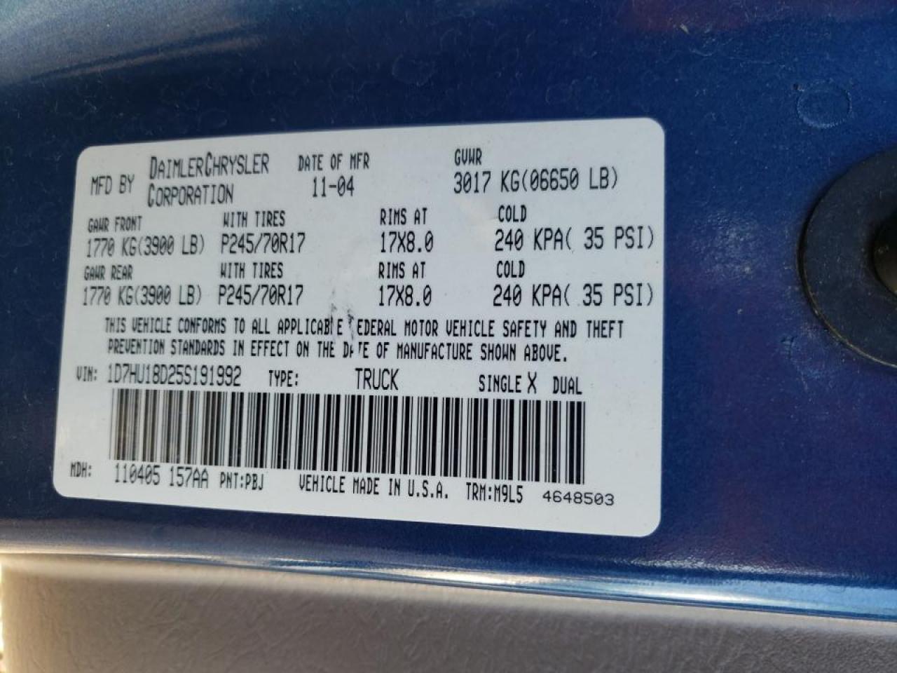Photo 10 from auction – 2005 DODGE RAM 1500 S with VIN 1D7HU18D25S191992