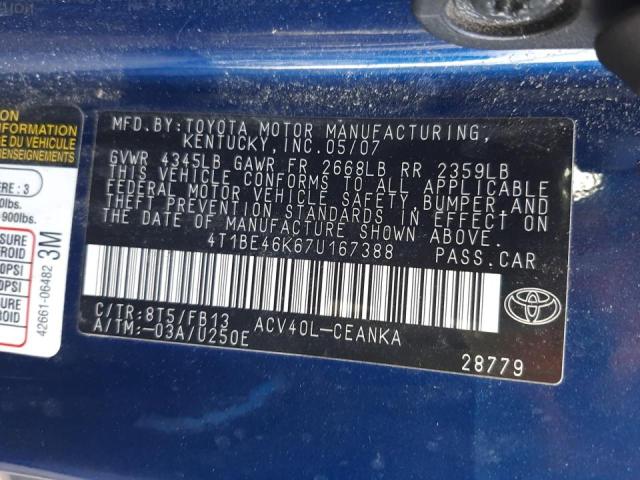 Photo 10 from auction – 2007 TOYOTA CAMRY CE with VIN 4T1BE46K67U167388