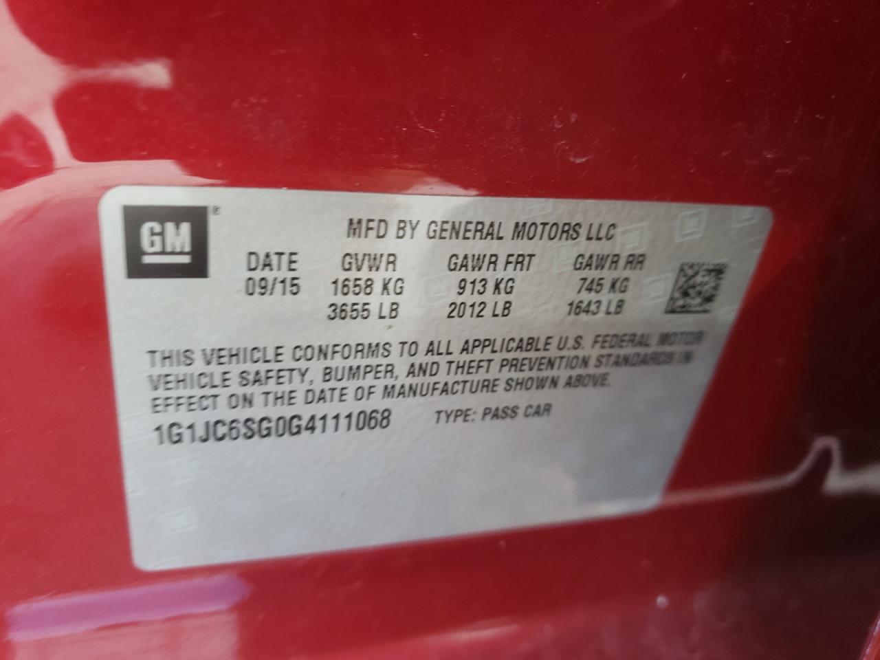 Photo 10 from auction – 2016 CHEVROLET SONIC LT with VIN 1G1JC6SG0G4111068