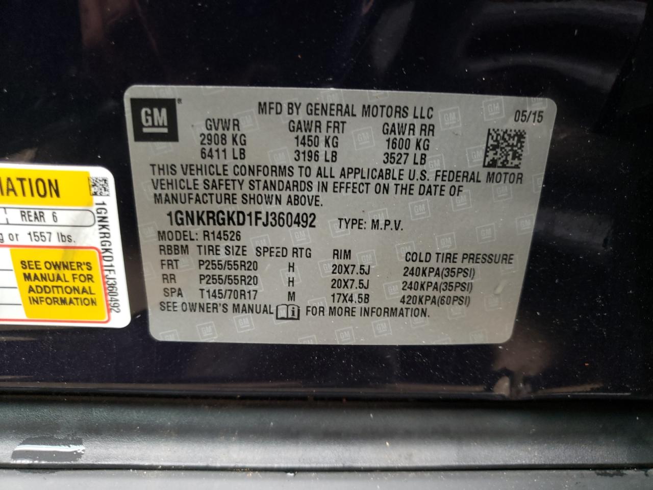 Photo 10 from auction – 2015 CHEVROLET TRAVERSE L with VIN 1GNKRGKD1FJ360492