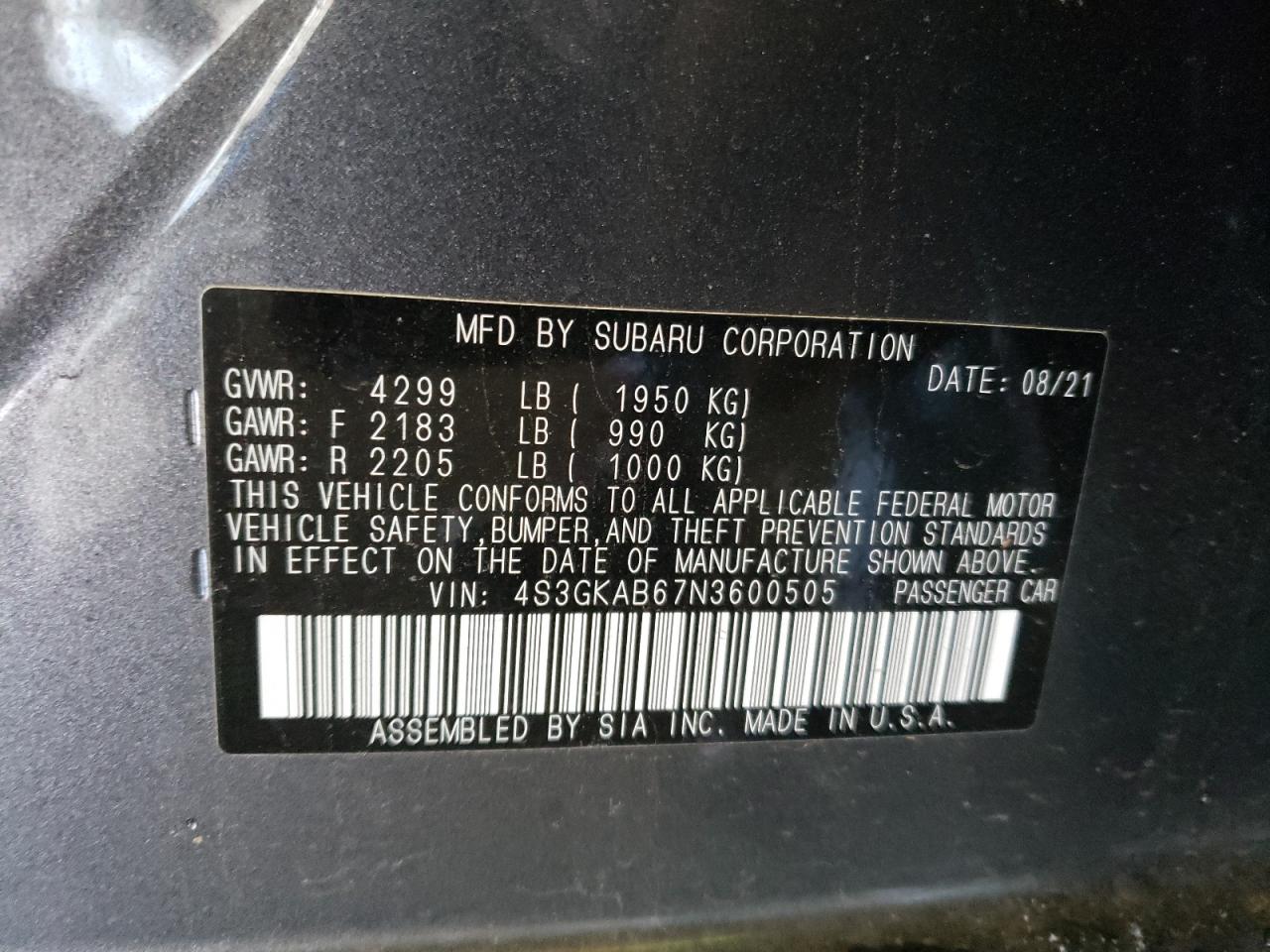 Photo 10 from auction – 2022 SUBARU IMPREZA with VIN 4S3GKAB67N3600505