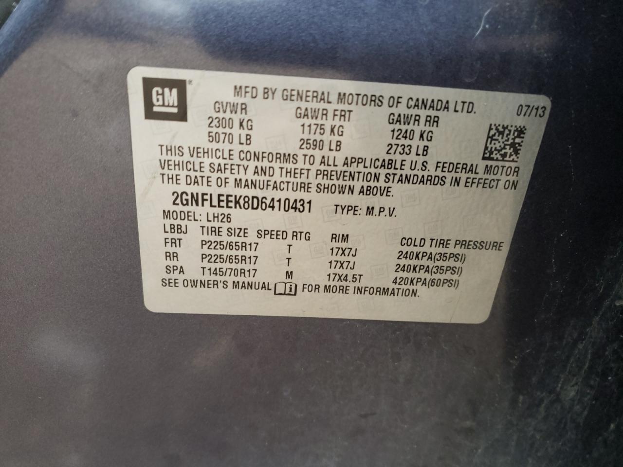Photo 10 from auction – 2013 CHEVROLET EQUINOX LT with VIN 2GNFLEEK8D6410431