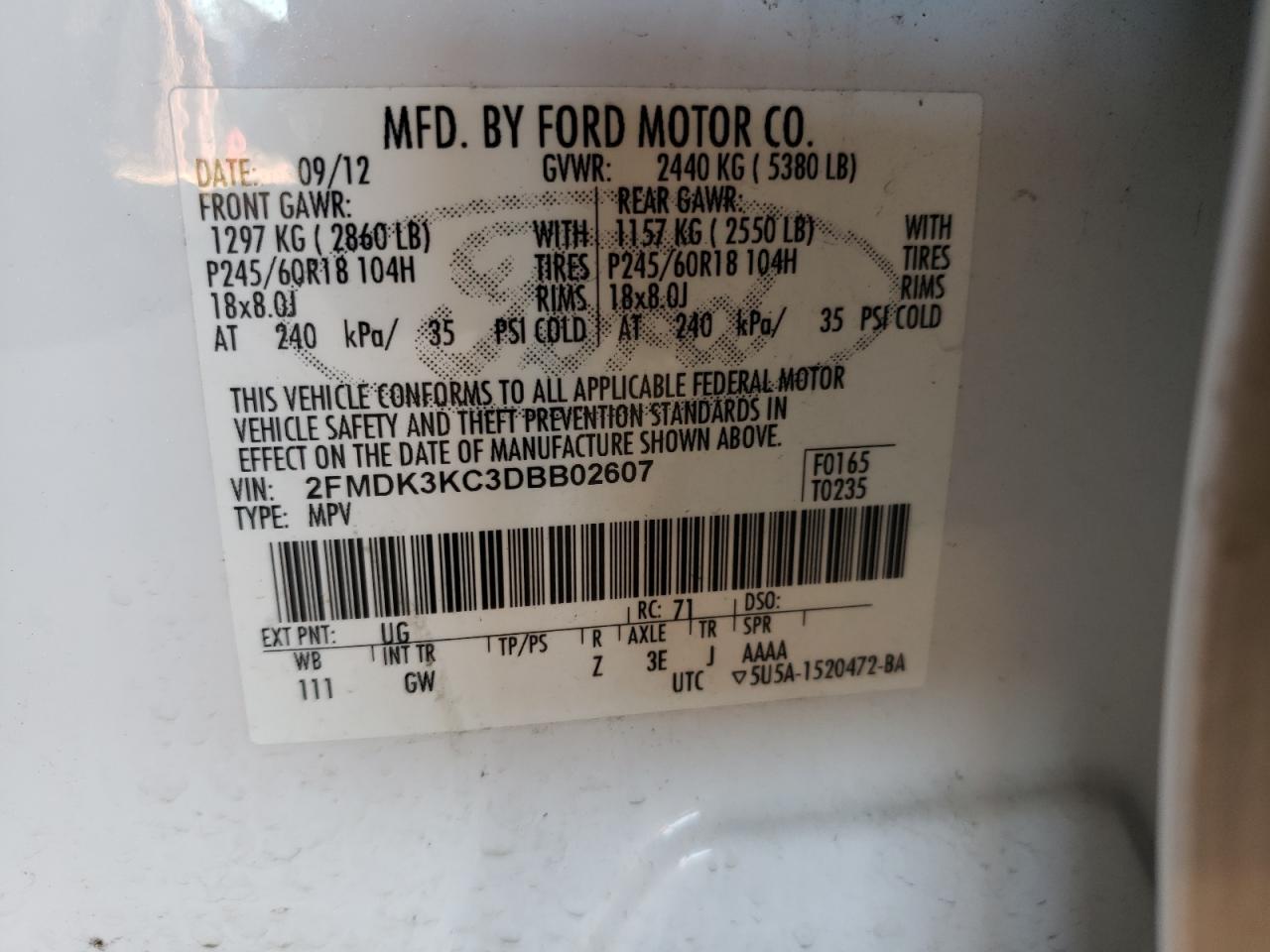 Photo 10 from auction – 2013 FORD EDGE LIMIT with VIN 2FMDK3KC3DBB02607
