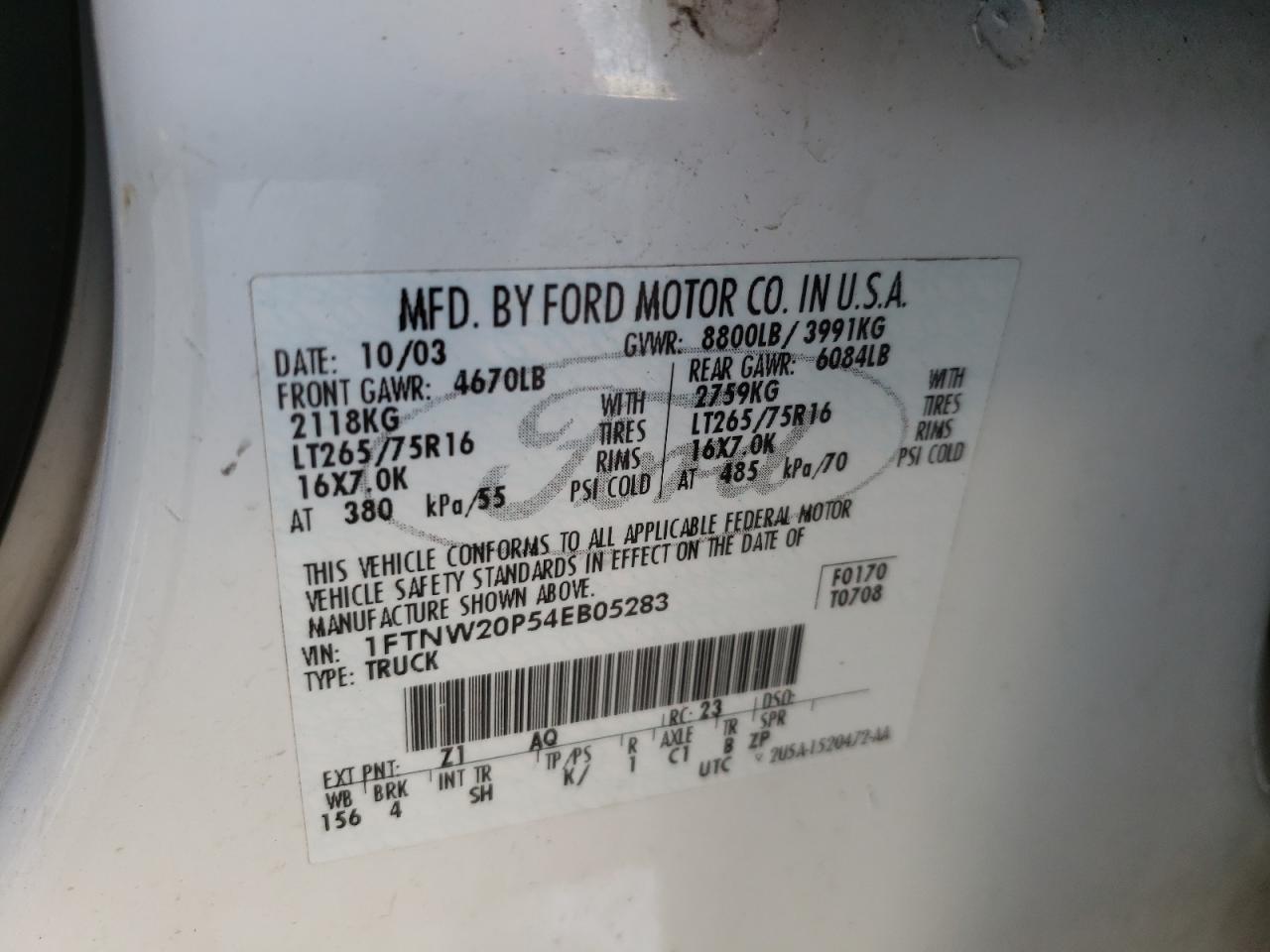 Photo 10 from auction – 2004 FORD F250 SUPER with VIN 1FTNW20P54EB05283