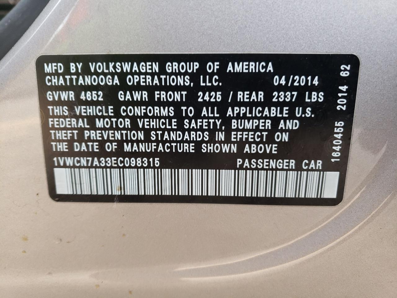 Photo 10 from auction – 2014 VOLKSWAGEN PASSAT SEL with VIN 1VWCN7A33EC098315