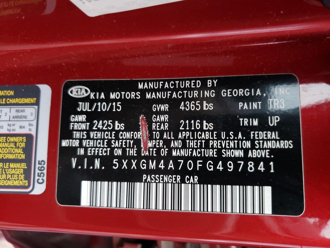 Photo 10 from auction – 2015 KIA OPTIMA LX with VIN 5XXGM4A70FG497841