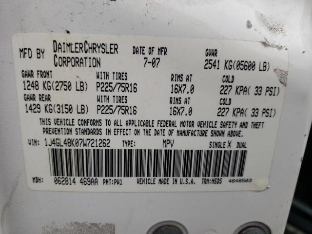 Photo 10 from auction – 2007 JEEP LIBERTY SP with VIN 1J4GL48K07W721262