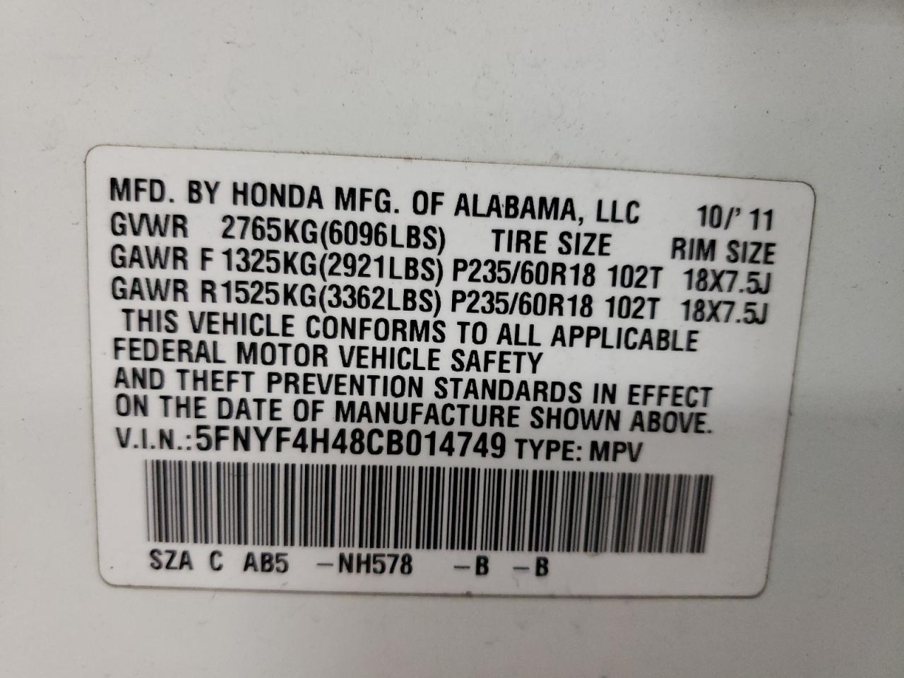 Photo 10 from auction – 2012 HONDA PILOT EX with VIN 5FNYF4H48CB014749