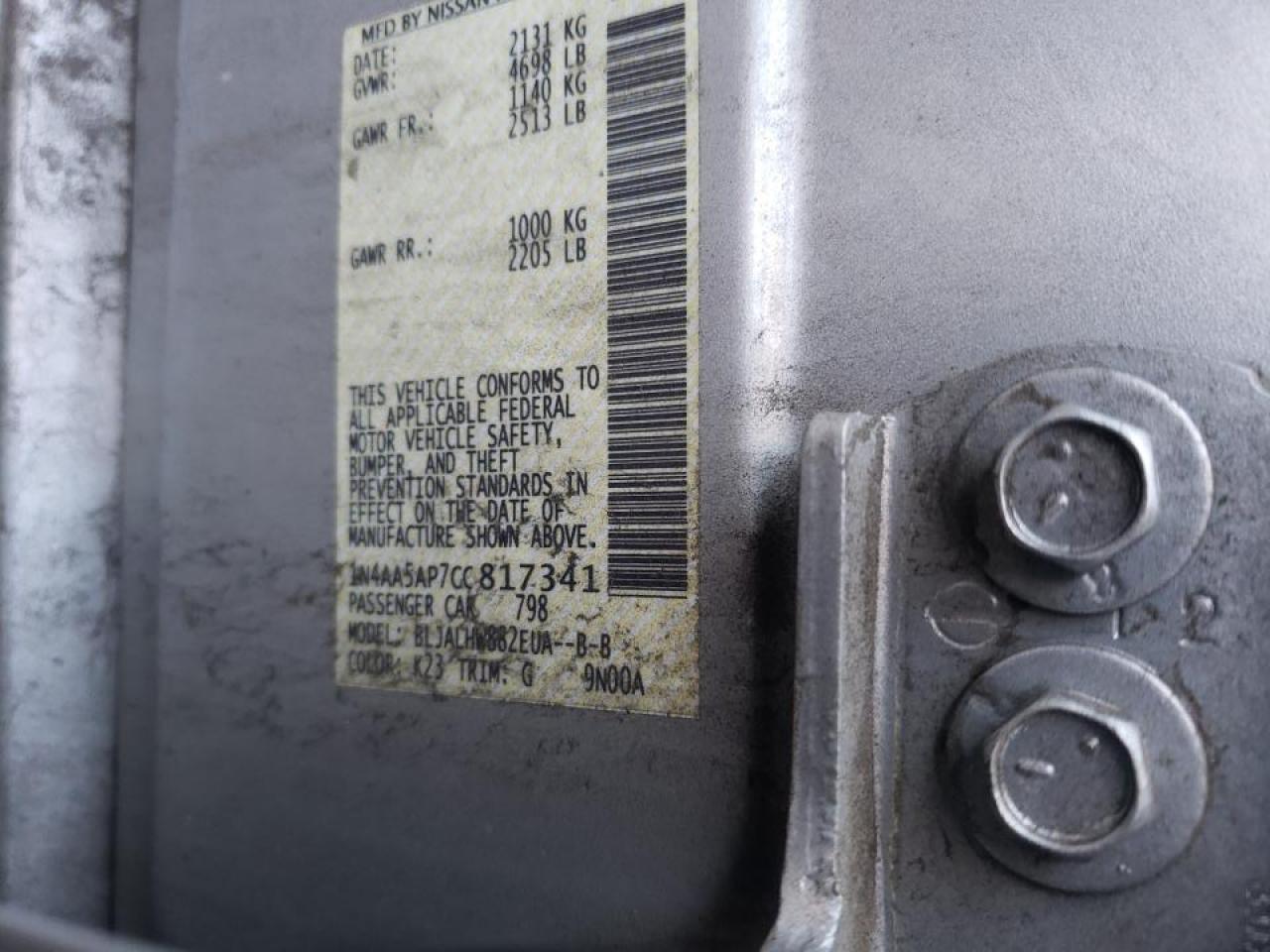 Photo 10 from auction – 2012 NISSAN MAXIMA S with VIN 1N4AA5AP7CC817341