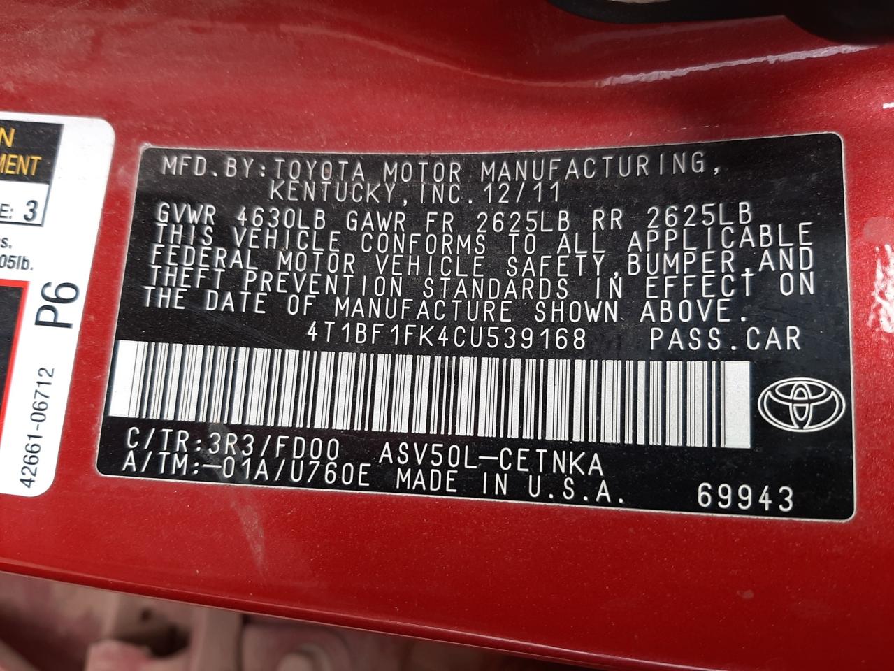 Zdjęcie 10 z aukcji – 2012 TOYOTA CAMRY BASE z VIN 4T1BF1FK4CU539168