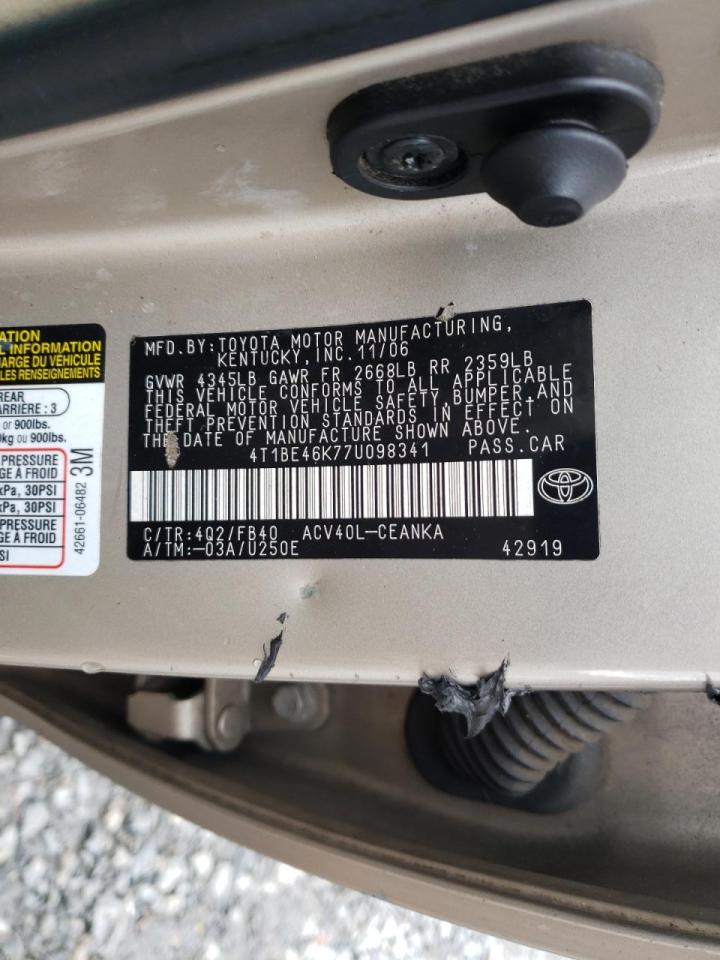 Photo 10 from auction – 2007 TOYOTA CAMRY CE with VIN 4T1BE46K77U098341