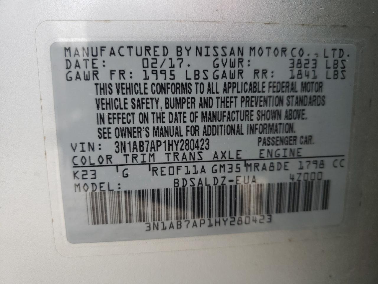 Photo 10 from auction – 2017 NISSAN SENTRA S with VIN 3N1AB7AP1HY280423