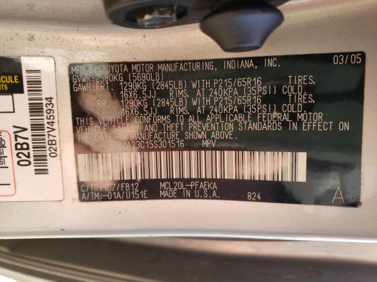 Photo 10 from auction – 2005 TOYOTA SIENNA CE with VIN 5TDZA23C15S301516
