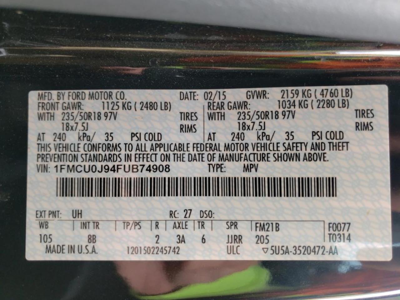 Photo 10 from auction – 2015 FORD ESCAPE TIT with VIN 1FMCU0J94FUB74908