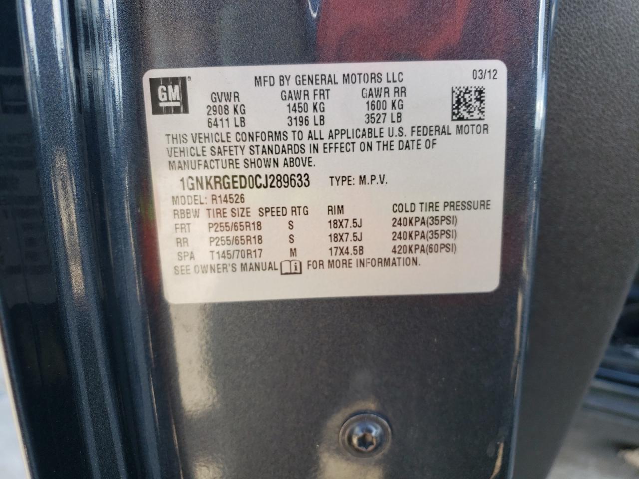 Photo 10 from auction – 2012 CHEVROLET TRAVERSE L with VIN 1GNKRGED0CJ289633