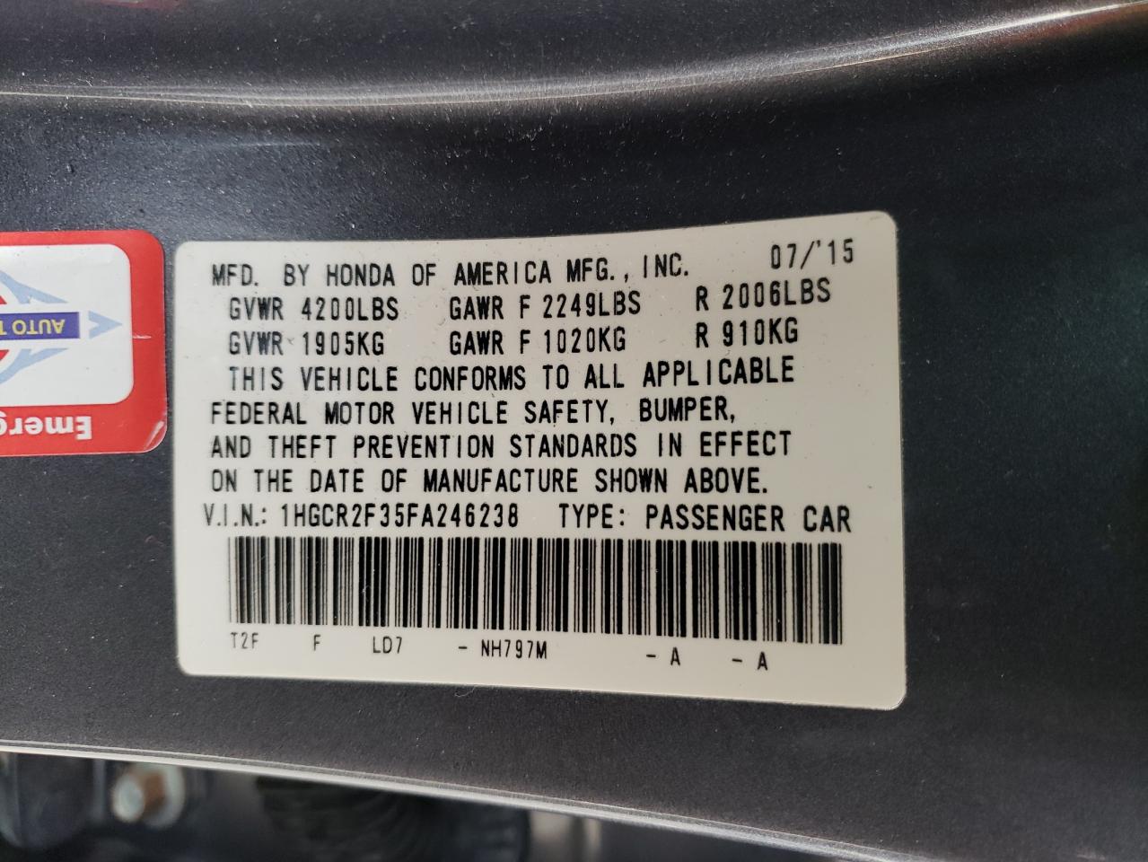 Photo 10 from auction – 2015 HONDA ACCORD LX with VIN 1HGCR2F35FA246238