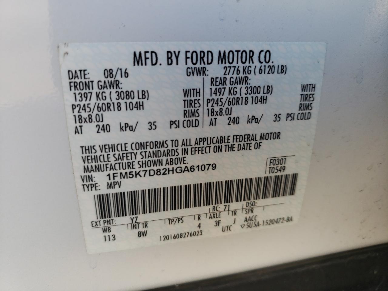 Photo 10 from auction – 2017 FORD EXPLORER X with VIN 1FM5K7D82HGA61079