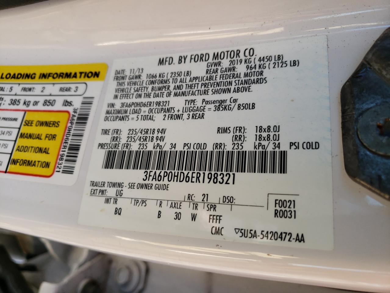 Photo 10 from auction – 2014 FORD FUSION SE with VIN 3FA6P0HD6ER198321