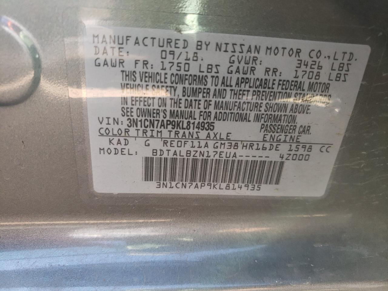 Photo 10 from auction – 2019 NISSAN VERSA S with VIN 3N1CN7AP9KL814935