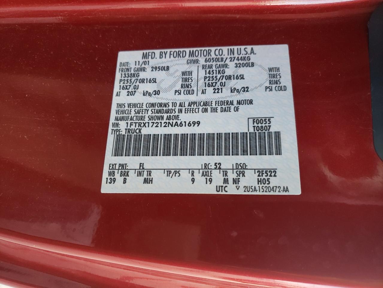 Photo 10 from auction – 2002 FORD F150 with VIN 1FTRX17212NA61699