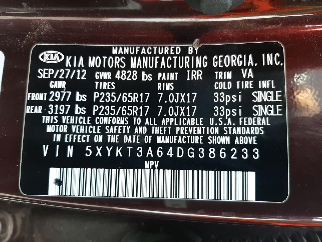 Photo 10 from auction – 2013 KIA SORENTO LX with VIN 5XYKT3A64DG386233