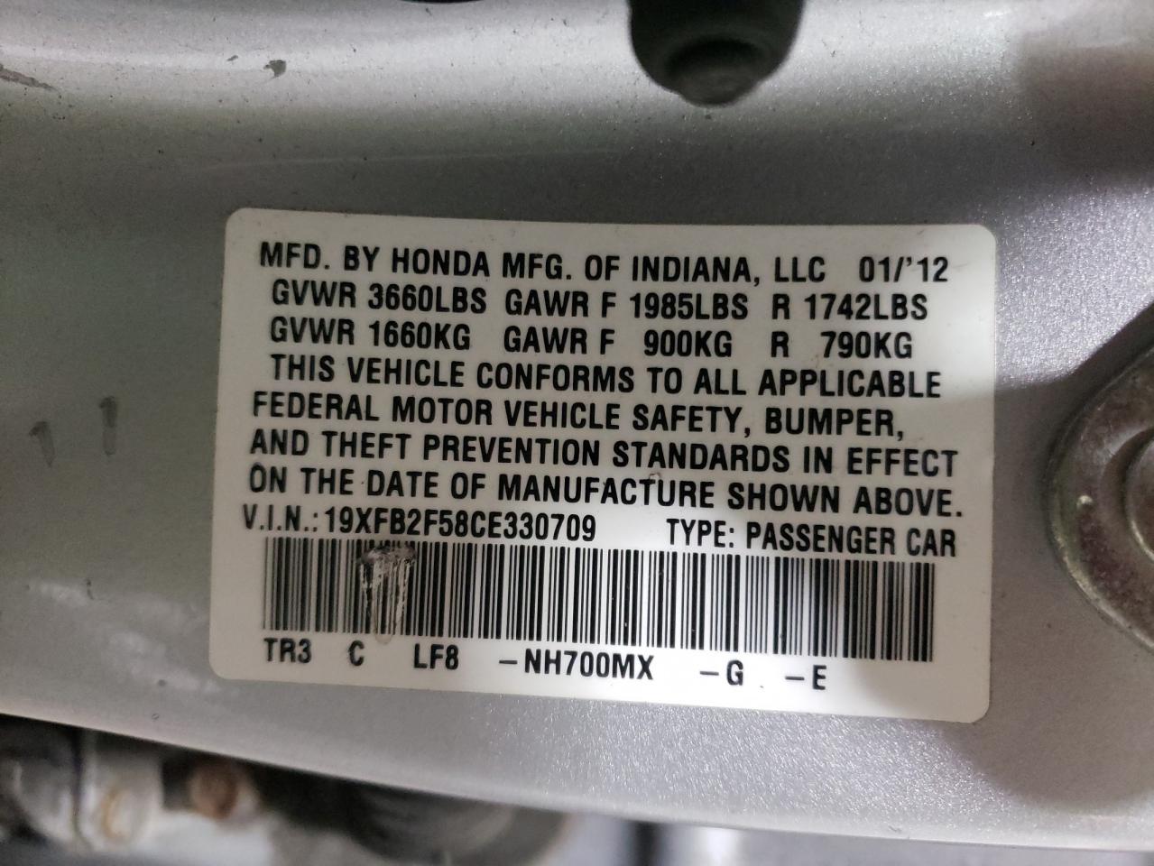 Photo 10 from auction – 2012 HONDA CIVIC LX with VIN 19XFB2F58CE330709