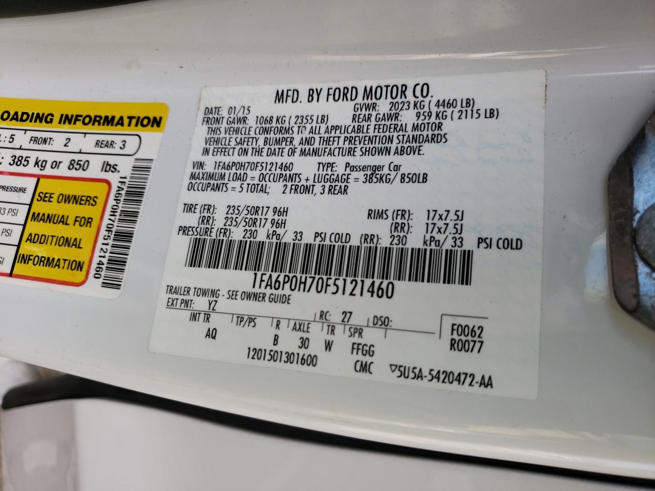 Photo 10 from auction – 2015 FORD FUSION SE with VIN 1FA6P0H70F5121460