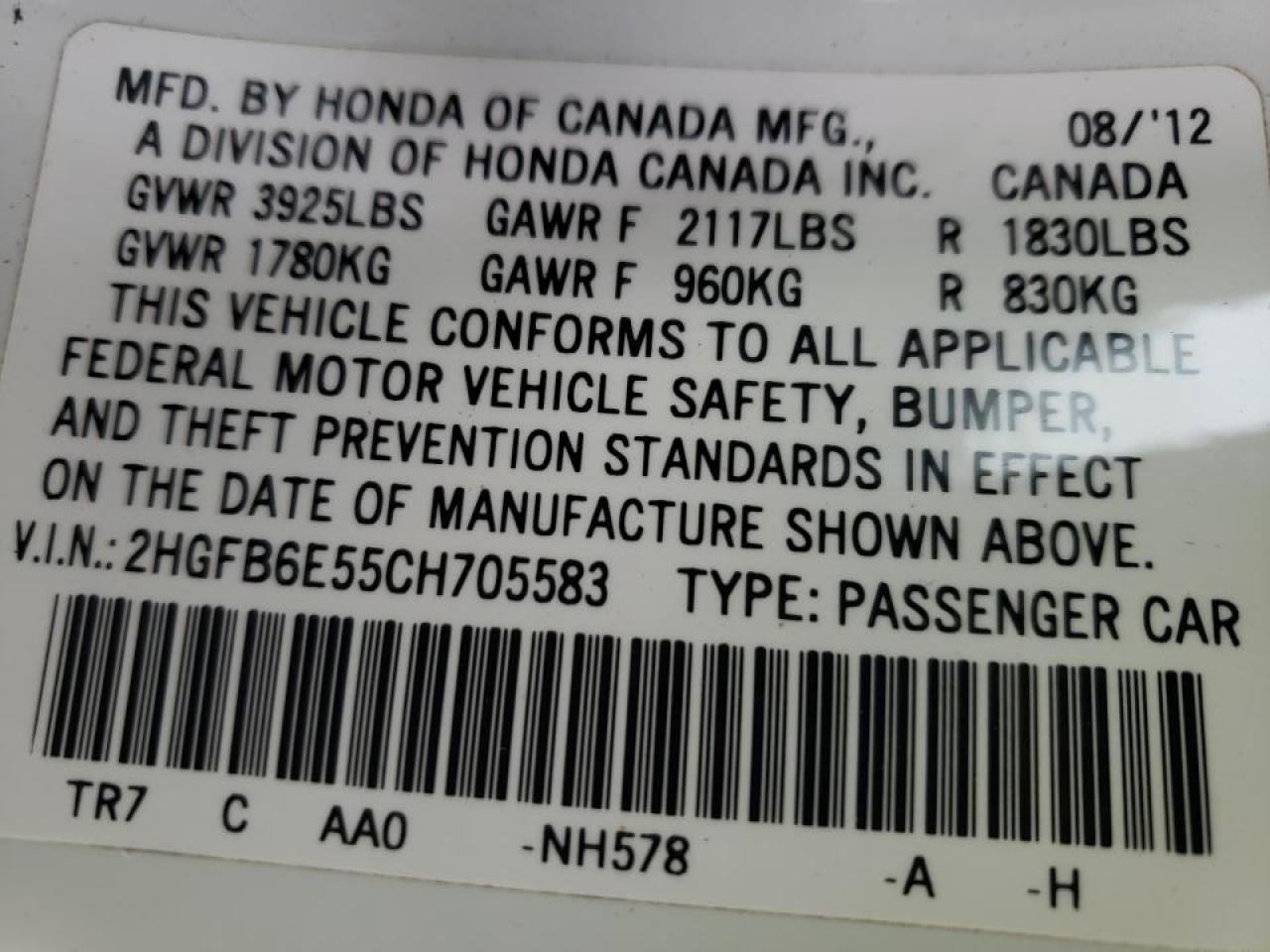 Photo 10 from auction – 2012 HONDA CIVIC SI with VIN 2HGFB6E55CH705583