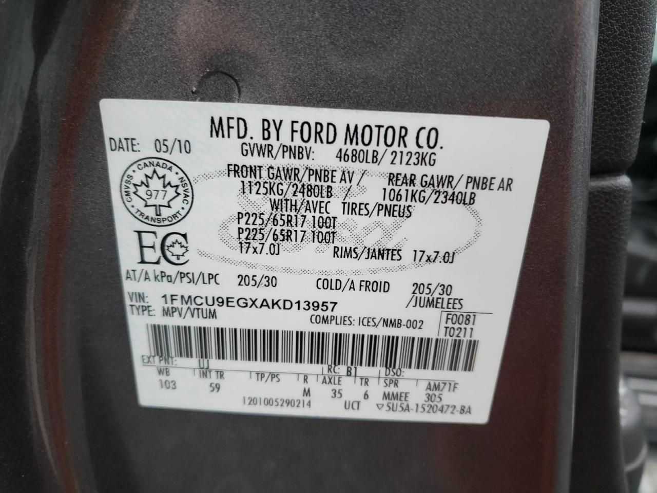 Photo 10 from auction – 2010 FORD ESCAPE LIM with VIN 1FMCU9EGXAKD13957